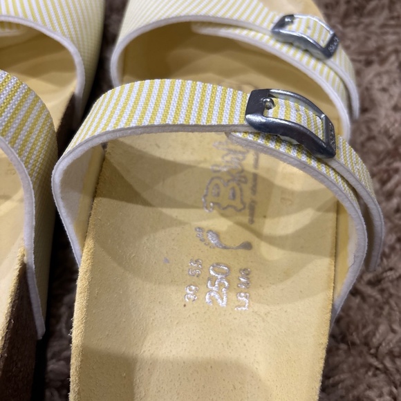 Birki's by Birkenstock Aziza Yellow & White Stripes Double Strap Slides Sandals - Picture 6 of 13